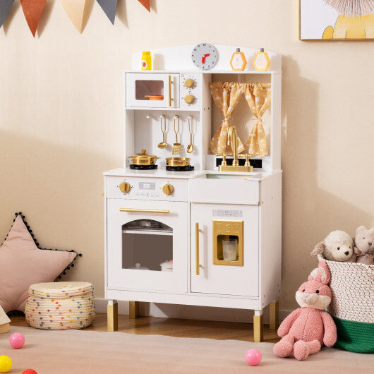 Play Kitchen for Kids Wooden Chef Pretend Playset with 3 Adjustable Heights Microwave-Gold
