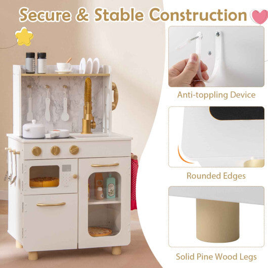 Kids Kitchen Set Pretend Play Kitchen with Stoves Faucet Sink Telephone Microwave and Oven-White W2B