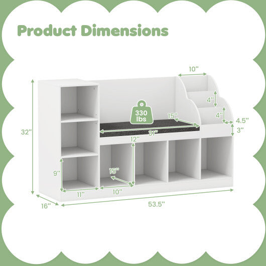Kids Bookcase with Reading Nook 3-in-1 Standing Toy Organizer-White W2B