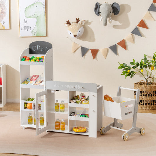 Kids Grocery Store Playset Convertible Wooden Play Store with Shopping Cart-White W2B