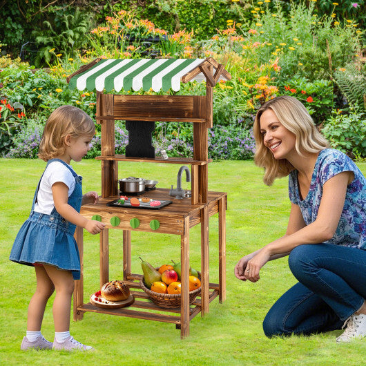 Double-Sided Mud Kitchen with Canopy and Chalkboard for 3+ Years Old-Natural W2B
