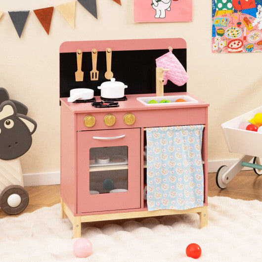 Play Kitchen for Kids Wooden Kitchen Playset with Door Curtain-Pink W2B