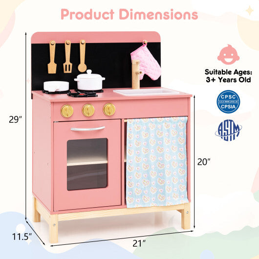 Play Kitchen for Kids Wooden Kitchen Playset with Door Curtain-Pink W2B