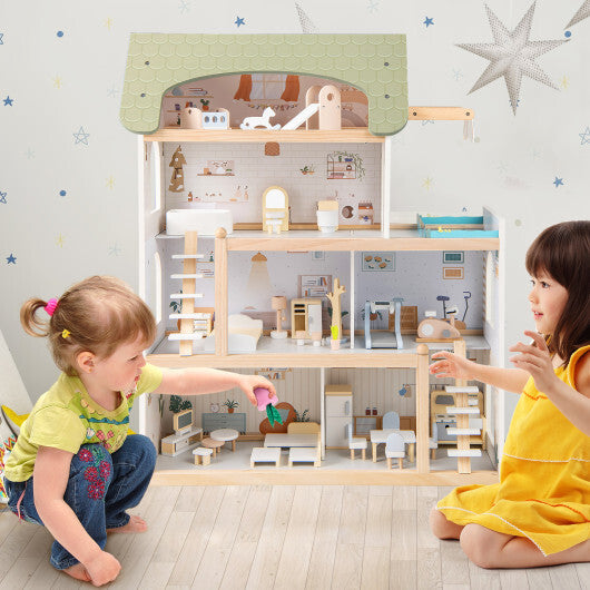 Wooden Dollhouse Kids DIY Pretend Playhouse with 33 PCS Furniture Accessories-Green W2B