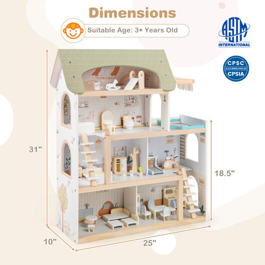 Wooden Dollhouse Kids DIY Pretend Playhouse with 33 PCS Furniture Accessories-Green W2B