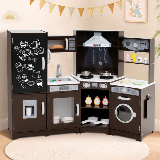Corner Wooden Play Kitchen with Lights and Sounds Large Pretend Play Kitchen Set-Espresso W2B