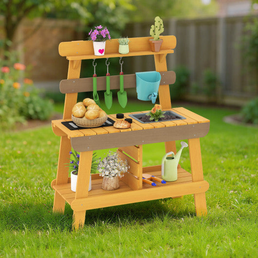 Outdoor Mud Kitchen for Kids Wooden Play Kitchen Toy for Boys Girls Aged 3-8-Yellow W2B