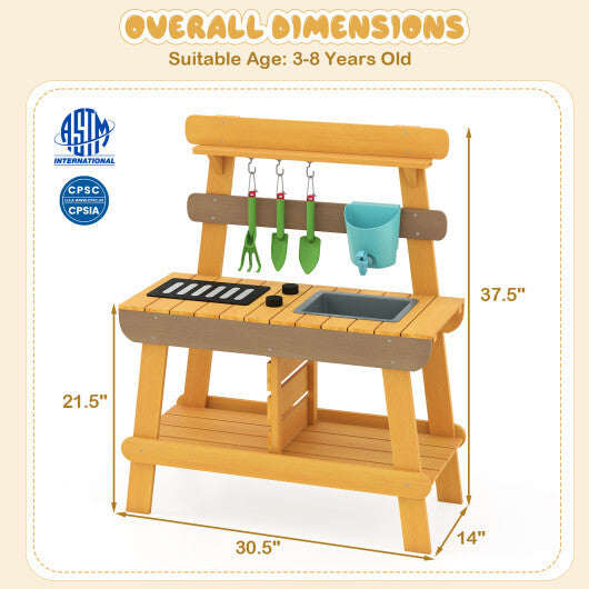 Outdoor Mud Kitchen for Kids Wooden Play Kitchen Toy for Boys Girls Aged 3-8-Yellow W2B