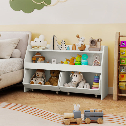 Kids Toy Storage Organizer Wooden Bookcase with 2 Movable Drawers-White W2B