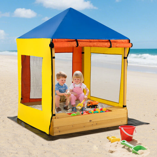 Kids Wooden Sandbox with Canopy Large Sand Pit with Mesh Windows and Bottom Liner-Multicolor W2B