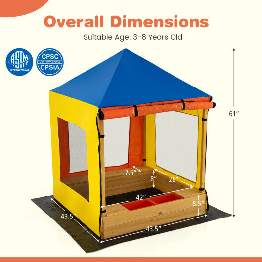 Kids Wooden Sandbox with Canopy Large Sand Pit with Mesh Windows and Bottom Liner-Multicolor W2B