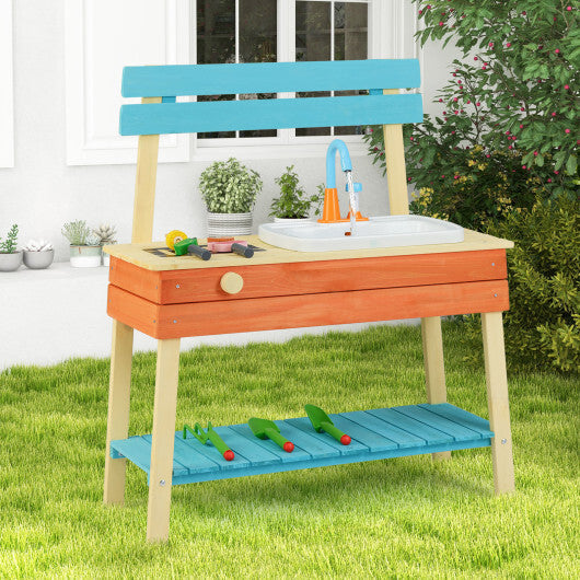 Kids Play Kitchen Set Wooden Kitchen Playset Chef Pretend Mud Kitchen-Blue W2B
