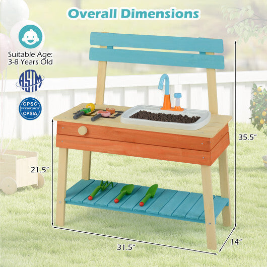 Kids Play Kitchen Set Wooden Kitchen Playset Chef Pretend Mud Kitchen-Blue W2B