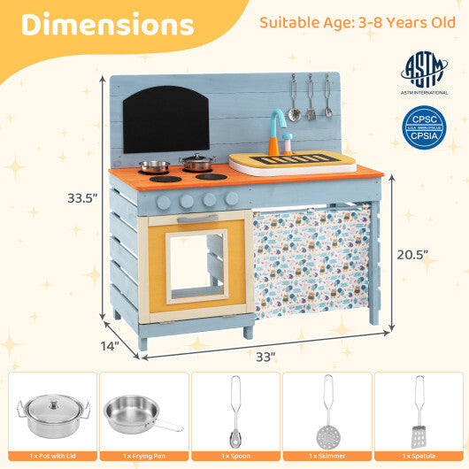 Wooden Toy Kitchen Playset with Removable Circulation Faucet and Cooking Accessories-Blue W2B