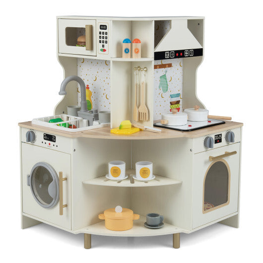 Kids Play Kitchen Wooden Corner Kitchen Playset with Working Faucet and Sink-Beige W2B