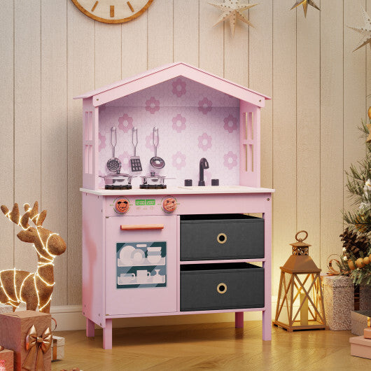 Kids Play Kitchen Children Toy Kitchen Playset with 2 Stoves and Rotation Knobs-Pink W2B