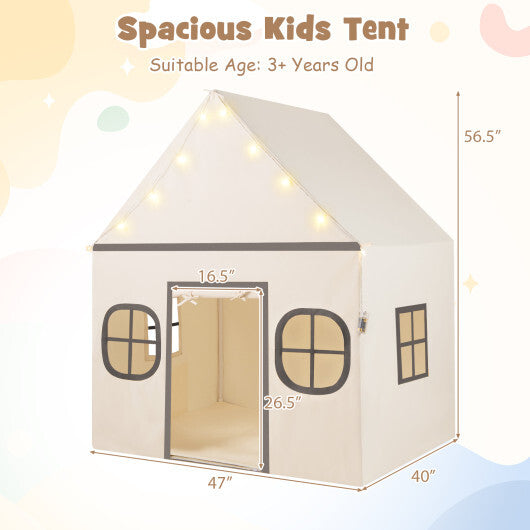 Kids Play Tent Large Playhouse with Door Curtain and Windows Star Lights-Coffee W2B