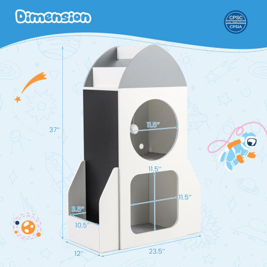 3-Tier Kids Bookshelf Rocket Space Theme Toddler Toy Storage Organizer-White W2B