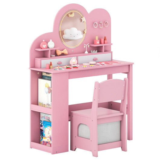 Kids Vanity with Lights Princess Vanity Table and Chair Set with 2 Drawers and 2-Tier Bookshelf-White W2B