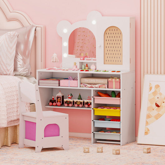 Kids Vanity with Lights and 5 Drawers for Kids Aged 3+ Years Old-White W2B
