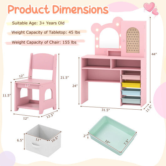 Kids Vanity with Lights and 5 Drawers for Kids Aged 3+ Years Old-White W2B