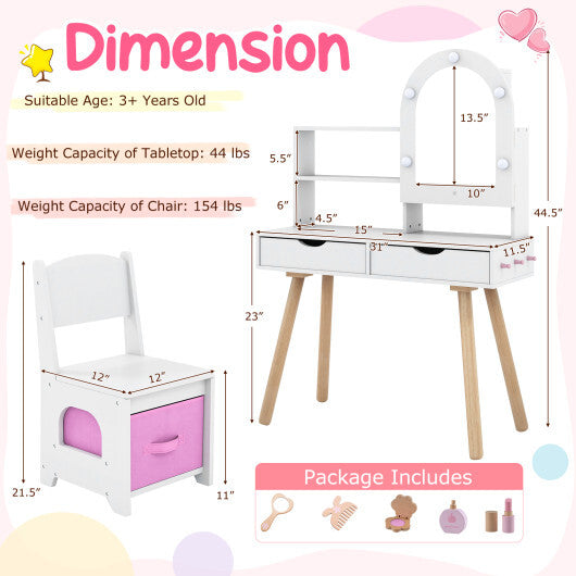 Kids Vanity Set Pretend Play Dressing Table Set with 3-Color Lighting Modes Adjustable Brightness and Mirror Cabinet-Pink W2B