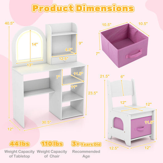 Kids Vanity Set Princess Girls Makeup Vanity Desk with Chair and 3-Color LED Lighted Mirror-Pink W2B