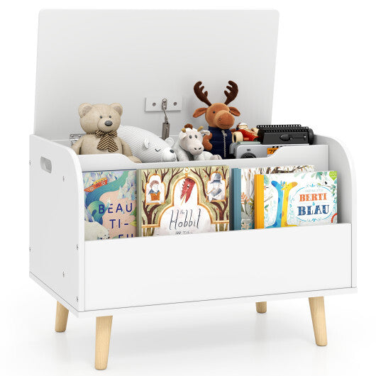 Kids Wooden Toy Box with Front Bookshelf and 4 Solid Wood Legs for Playroom-White W2B
