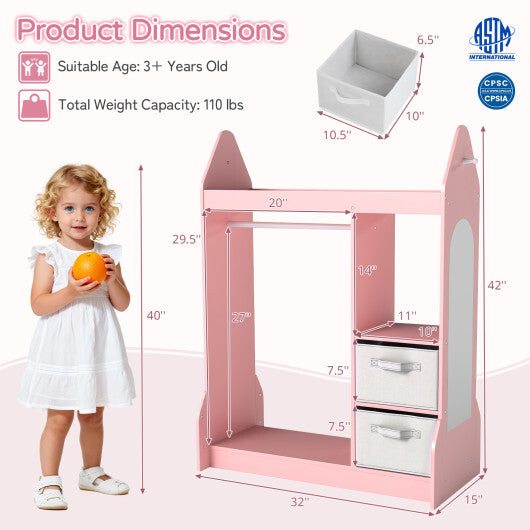 Kids Play Armoire Dresser with Cloth Hanger-Pink W2B