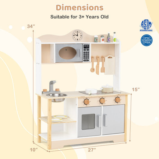Wooden Play Kitchen Cooking Toy Playset for Kids-White