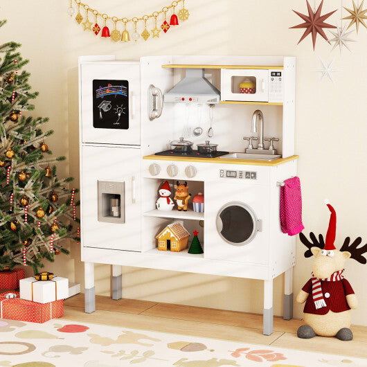 Pretend Play Kitchen Toy Kitchen Playset with Range Hood Ice Maker and Telephone-White W2B