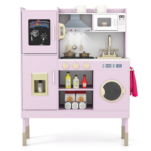 Pretend Play Kitchen Toy Kitchen Playset with Range Hood Ice Maker and Telephone-White W2B