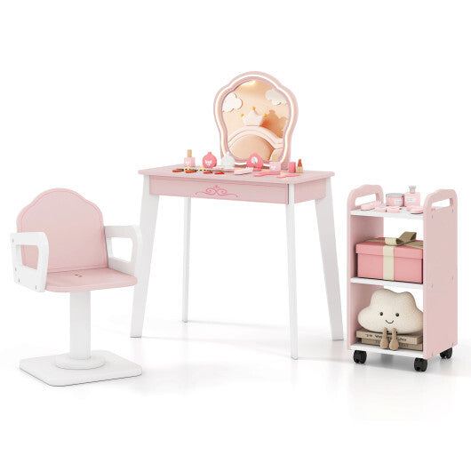 Wooden Kids Hair Salon Play Set with LED Lighted Mirror-Pink W2B