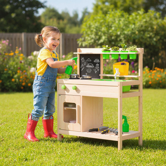 Kids Mud Kitchen Play Pretend Kitchen with Chalkboard for Kids Aged 3+ W2B