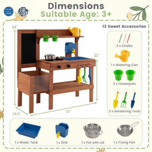 Kids Mud Kitchen with Planter Box and Sink and 13 Accessories for Ages 3+-Natural W2B