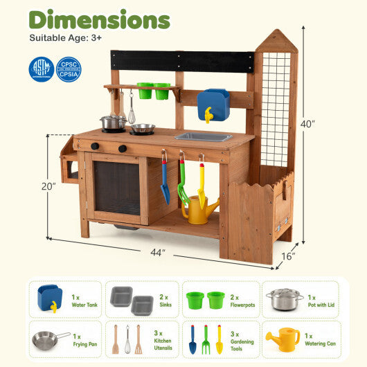 Outdoor Wooden Mud Kitchen with Planter Box and Sink for Toddlers-Natural W2B