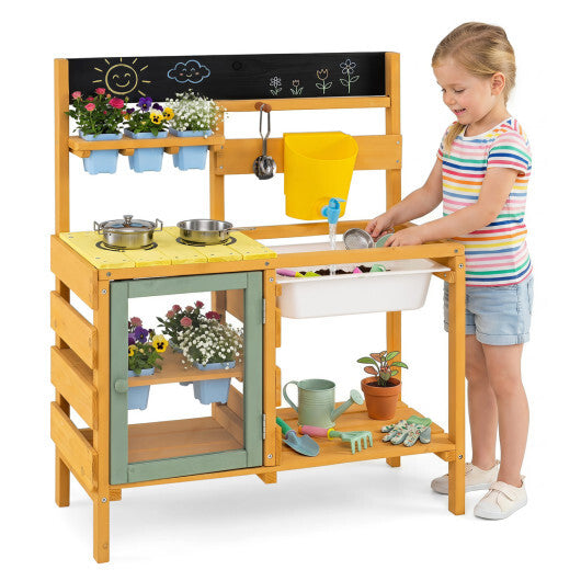 Wooden Mud Kitchen for Toddlers with Faucet and Water Tank-Yellow W2B