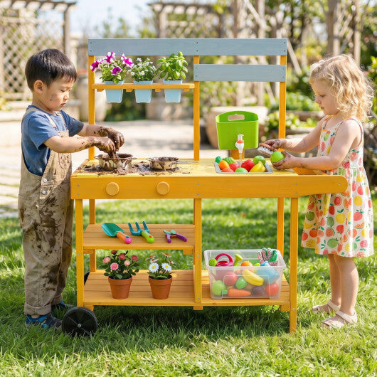 Wooden Outdoor Mud Kitchen for Kids with Flowerpots and Wheels-Yellow W2B