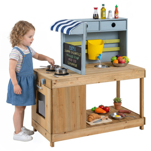 Fir Wood Kids Kitchen Playset with Canopy and Faucet-Natural W2B