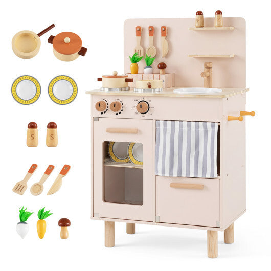 Wooden Play Kitchen for Kids Toddler Kitchen Playset with Stoves Faucet Sink-Beige W2B