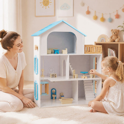 Wooden Dollhouse with 5 Rooms and Furniture Accessories for Kids-Blue W2B