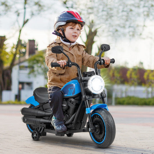 Kids Electric Motorcycle with Training Wheels and LED Headlights-Blue W2B