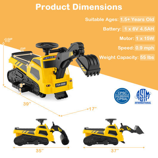 6V Ride on Tractor 3-in-1 Electric Excavator with Adjustable Arms and Music-Yellow W2B