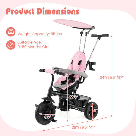 7-in-1 Baby Stroller Tricycle with Adjustable Canopy and Foldable Footrests for Ages 9-60 Months Old-Gray W2B