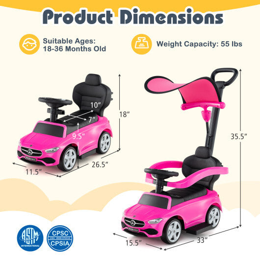 3-in-1 Ride on Push Car Mercedes-Benz Licensed Sliding Car with Canopy-Pink - Color: Pink W2B
