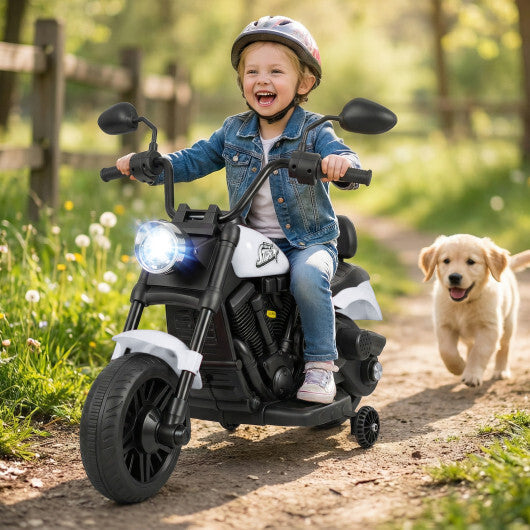 6V Kids Motorcycle with Headlight and Music and Training Wheels-White W2B