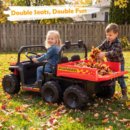 24V 2-Seater Kids Ride on Dump Truck 4WD with Electric Dump Bed and Lights-Red - Color: Red W2B