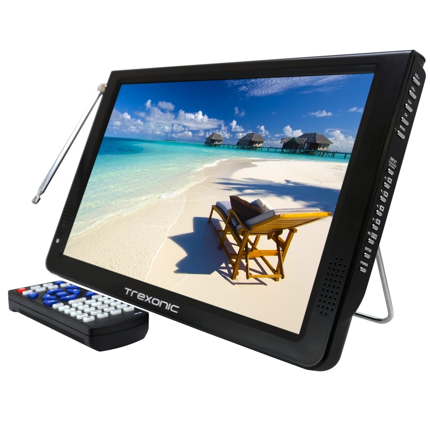 Reconditioned Trexonic Portable Ultra Lightweight Rechargeable Widescreen 12" LED TV With HDMI, SD, MMC, USB, VGA, Headphone Jack, AV Inputs and Output And Built-in Digital Tuner and Detachable Antenna