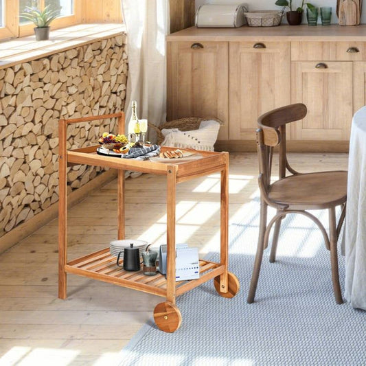 Solid Wood Rolling Serving Cart Kitchen Island with Bottom Shelf-1