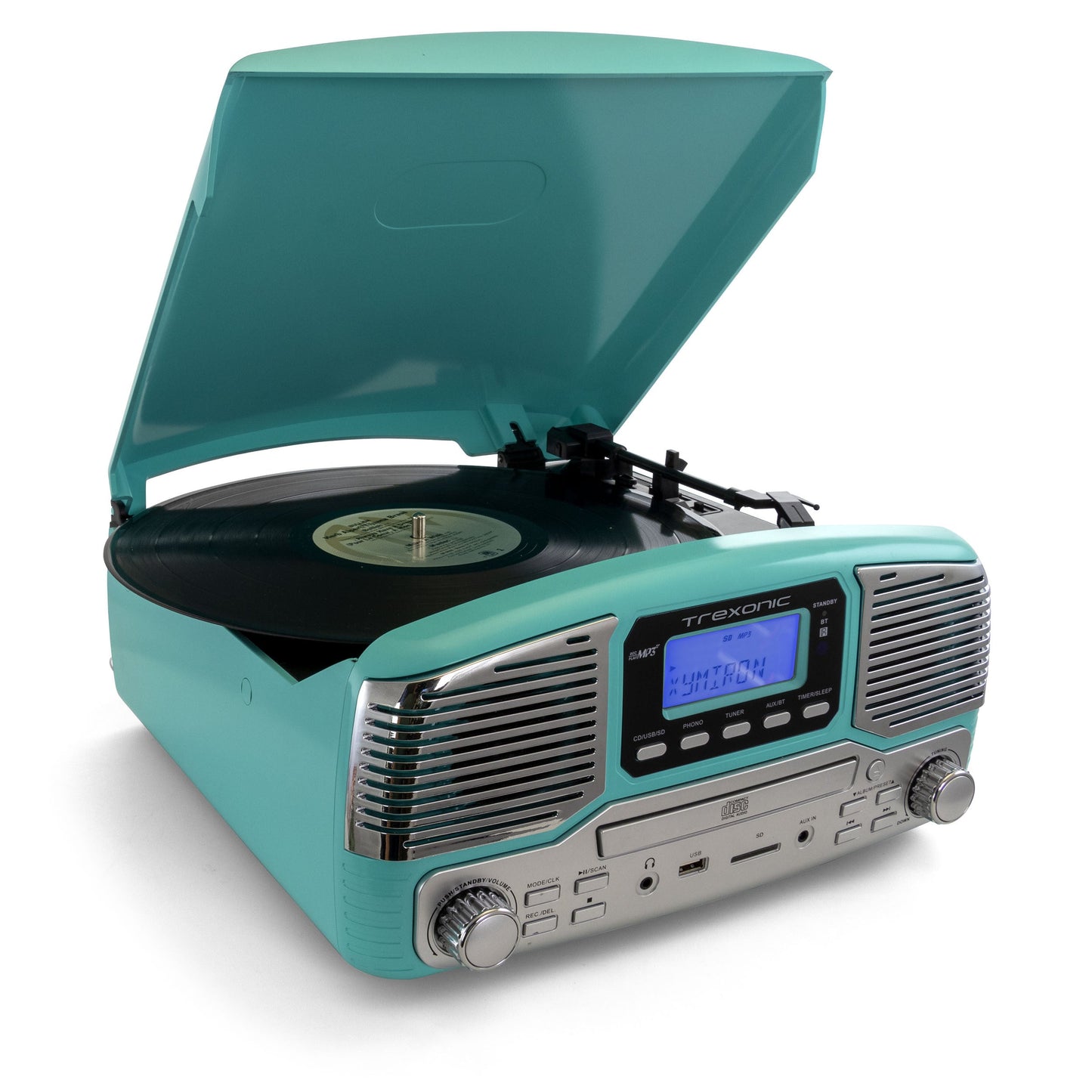 Trexonic Retro Wireless Bluetooth, Record and CD Player in Turquoise W2B